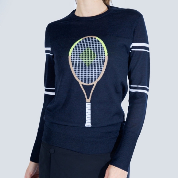 L'etoile Sport Navy Blue Stripe 100% Merino Wool Crewneck Tennis Racquet Sweater - Picture 4 of 13